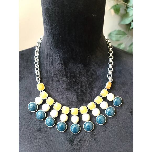 Women's Statement Necklace Blue Yellow White Drop Charms Lobster Clasp Chain - Picture 2 of 6